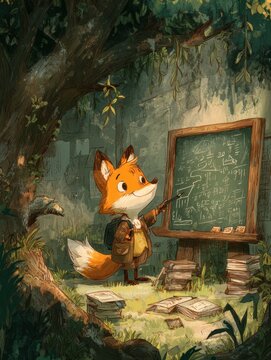Cartoon Fox teaching vine-leaf chalkboard in enchanted forest