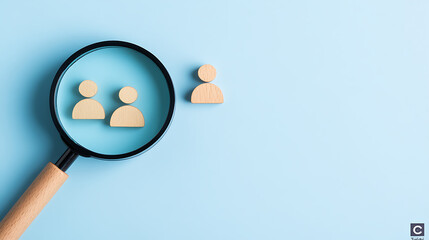 Team under scrutiny: Magnifying glass highlighting a pair while one individual stands apart, set against a light blue backdrop. Focus on team dynamics.