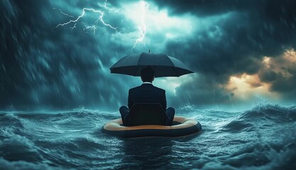 A businessman under an umbrella sits in a chair that floats in the middle of a stormy sea. There is a thunderstorm with lightning in the sky