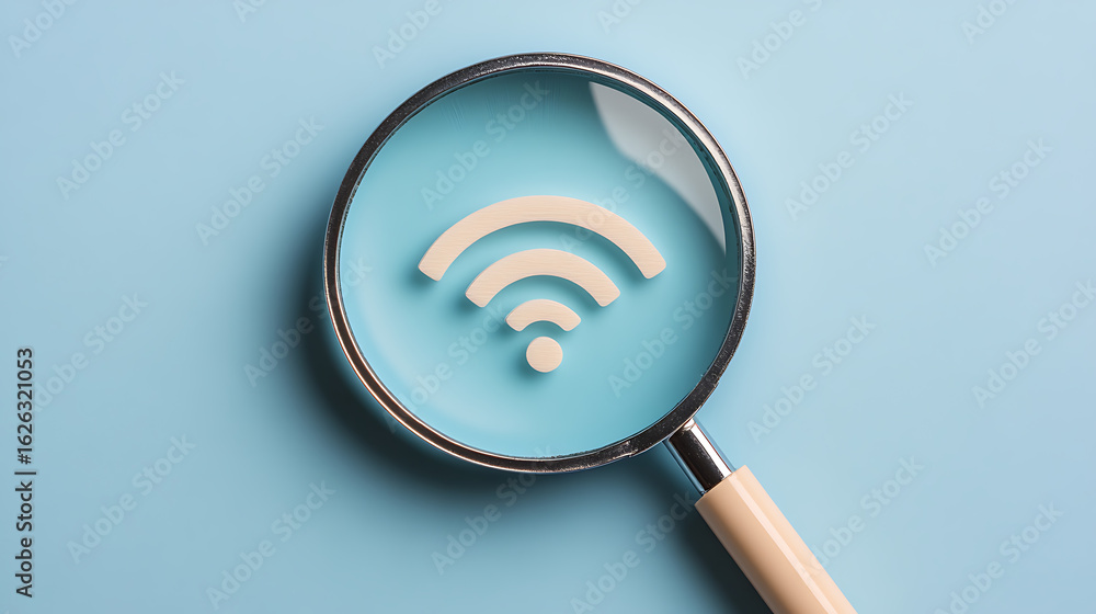 Poster magnifying glass focuses on wireless connection symbol, hinting at improved internet access. connect