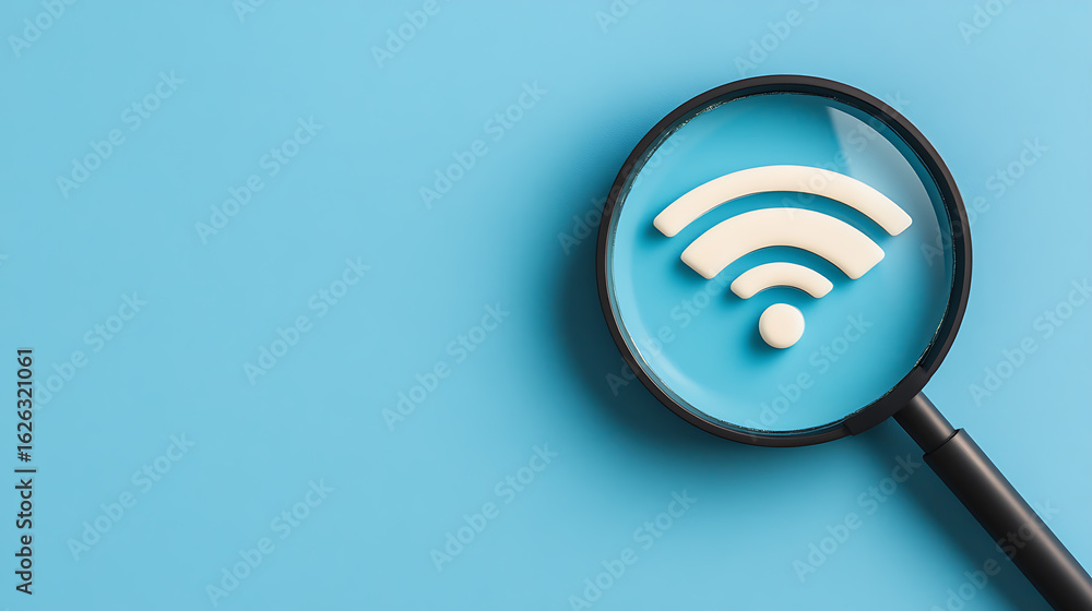 Poster magnifying glass on connectivity signal: a symbol for seeking access to digital networks and finding