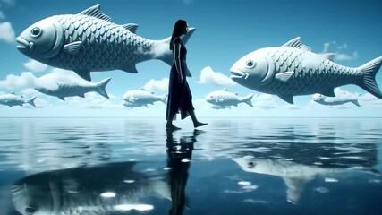 Surreal scene of woman strolling on reflective water with giant fish in a dreamlike landscape. concept of fantasy dreamscape, artistic imagination, surreal journey