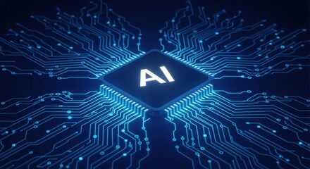 Glowing ai chip at the center of a complex interconnected digital circuit board with blue glowing lines