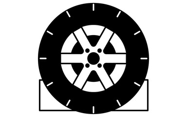 Obraz premium Simple and cute line icon of tire with wheel chock for vehicle safety and maintenance illustration