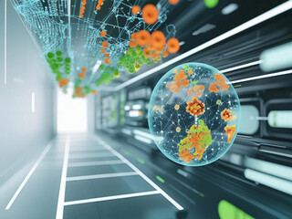 The technology dashboard displays interactive statistical data and AI-based global connectivity in a modern digital environment.