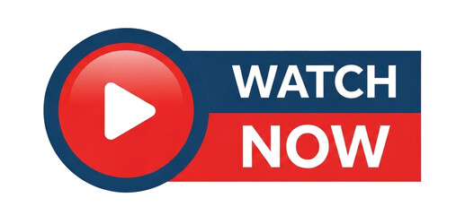 Red play button icon with blue border and watch now text in white on red and blue rectangular background isolated on transparent background