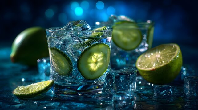Glasses of Cucumber Lime Sparkling Water With Ice on Blue Background perfect for healthy drink packaging, cocktail menu design, summer wellness ads and refreshing beverage promotions