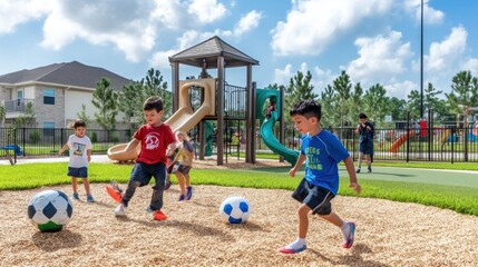 Obraz premium Kids playing soccer at a sunny playground