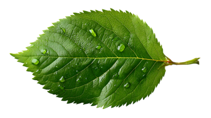 Green leaf with water droplets isolated on transparent background