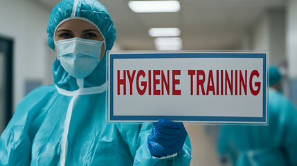 Healthcare worker in protective gear promoting hygiene training.  Infectious disease prevention and health protocols.