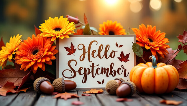 Warm hello september greeting with vibrant autumn flowers pumpkins and acorns on a rustic wooden surface