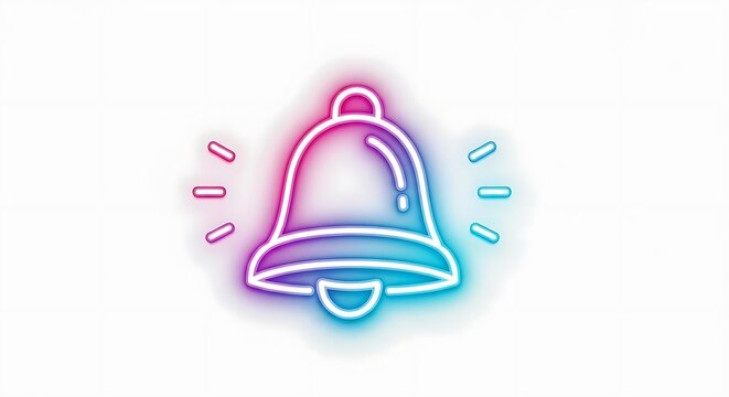 A vibrant neon bell icon with pink and blue gradients on a clean white isolated background - Powered by Adobe