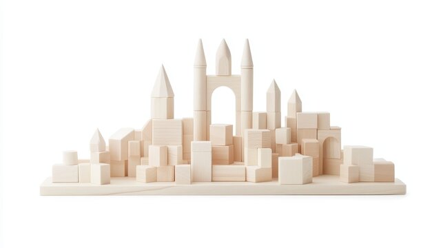 Intricate wooden cityscape model on minimalist white background study in architectural design and urban art