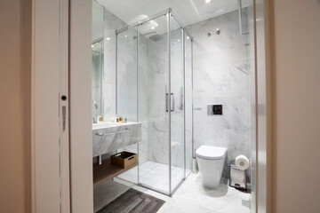 Modern bathroom interior in minimal scandinavian style, 3d render