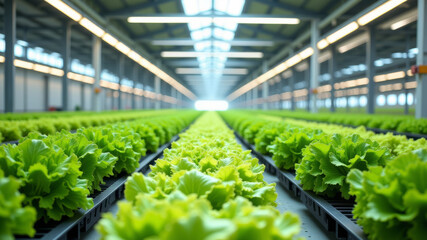 Symmetrical rows of lettuce plants in high tech hydroponic greenhouse under LED lights