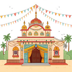 Flat illustration front of Indian Durga Puja pandal generative ai