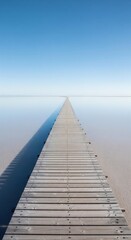 Fototapeta premium A beautiful and minimalist photorealistic image of a simple, wooden boardwalk leading across a vast, still, and reflective salt flat.