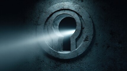 Keyhole in dark stone wall, light beam