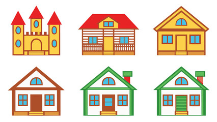 Fototapeta premium Collection of six colorful cartoon houses and a castle