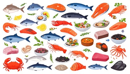 Naklejka premium Seafood Variety: Fresh Fish, Shrimp, Crab, and Caviar on White Background