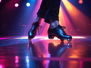 Fototapeta premium tap dancer's feet in shiny black shoes on a reflective floor in a colorful light show setting