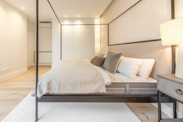 Modern luxury bedroom interior in minimal scandinavian style, 3d render