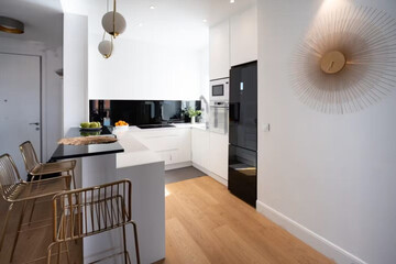 Modern luxury kitchen interior in minimal scandinavian style, 3d render