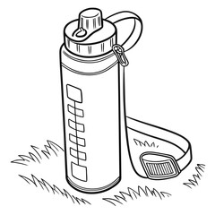 Black and white illustration of a water bottle with a straw and strap on grass