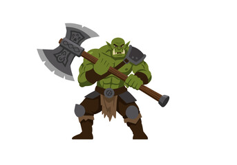 Fierce green orc warrior clutching a menacing doublebladed axe ready for battle