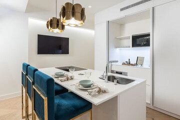 Modern luxury kitchen interior in minimal scandinavian style, 3d render