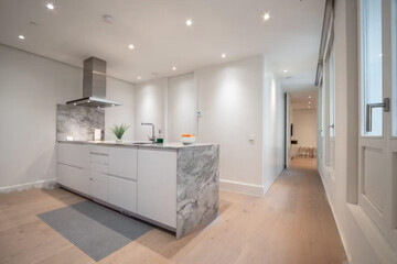 Modern luxury kitchen interior in minimal scandinavian style, 3d render