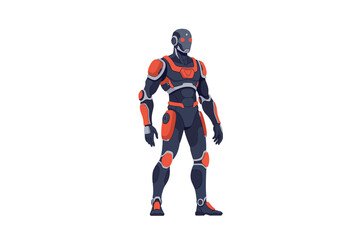 Robotic sentry in dark armor poised for action on stark background