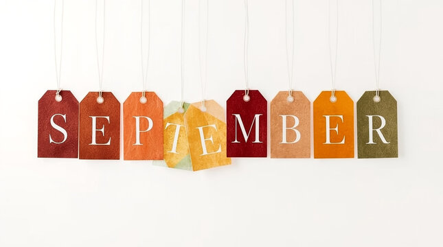 Autumnal september word art created with colorful hanging tags on a white textured background