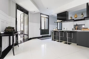 Modern luxury kitchen interior in minimal scandinavian style, 3d render