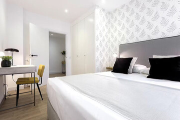 Modern luxury bedroom interior in minimal scandinavian style, 3d render