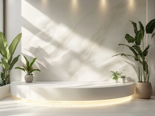 high definition view of 3D white studio podium product display background high detail 8k