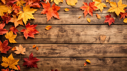 Obraz premium Vibrant autumn maple leaves scattered on a rustic wooden surface creating a beautiful seasonal background