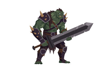 Hulking green orc warrior wielding a colossal sword clad in spiked armor poised for battle