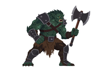 Orc warrior brandishes an axe ready to strike in pixelated detail