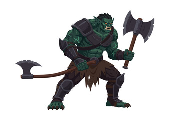 Green Orc Warrior wielding two axes ready for battle wearing armor