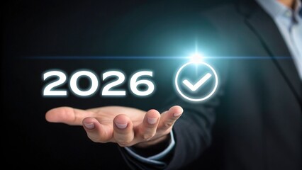 2026 Goal Achievement – Businessman Hand with Glowing Year and Checkmark Symbol