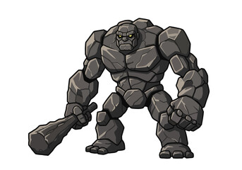 Stone golem warrior with glowing eyes holding club ready for battle