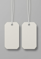 Blank White Tags with String Hanging, Isolated on Gray Background, Mockup.