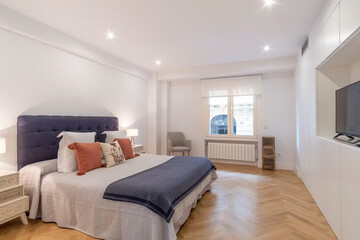 Modern luxury bedroom interior in minimal scandinavian style, 3d render