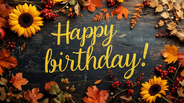 Warm autumn birthday greeting surrounded by sunflowers and falling leaves on a rustic wooden surface - Powered by Adobe