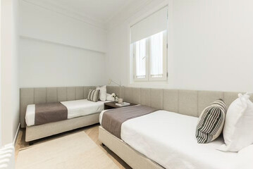 Modern luxury bedroom interior in minimal scandinavian style, 3d render
