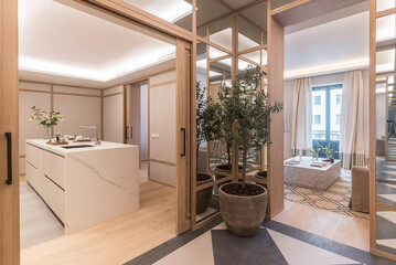 Modern luxury kitchen interior in minimal scandinavian style, 3d render