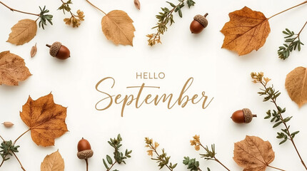 Autumnal welcome to september with dried leaves and acorns arranged artfully on a white background