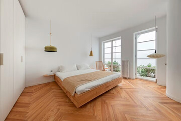 Modern luxury bedroom interior in minimal scandinavian style, 3d render