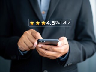User Rating Concept – Businessman Using Smartphone with 4.5 Star Review Overlay